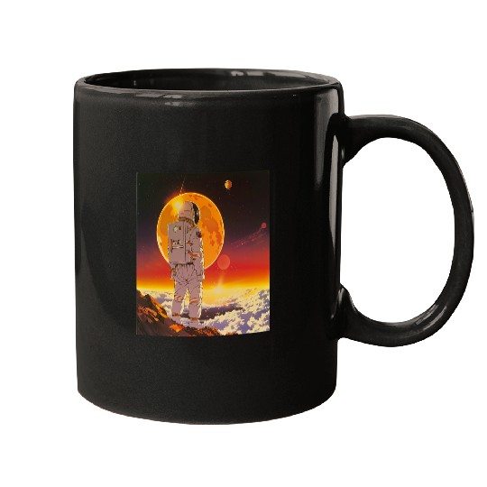 Retro 1990s Japanese Anime Space Astronaut Sun Rising Art 3 Mugs