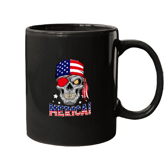 Merica Pirate Skull American Flag Lover 4th Of July Mugs