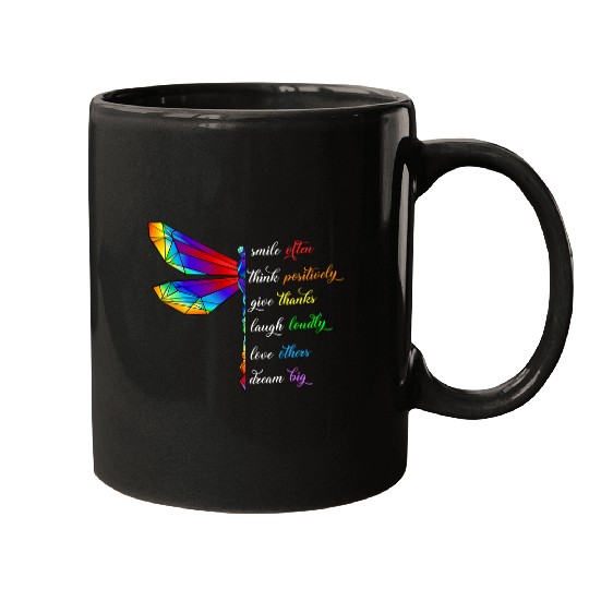 Rainbow Dragonfly Quote Smile Think Give Laugh Love Dream Mugs
