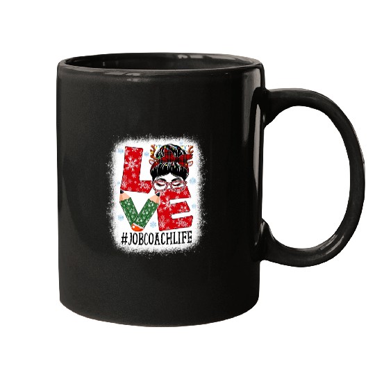 Job Coachs Love Christmas Messy Bun Reindeer Buffalo Xmas Mugs