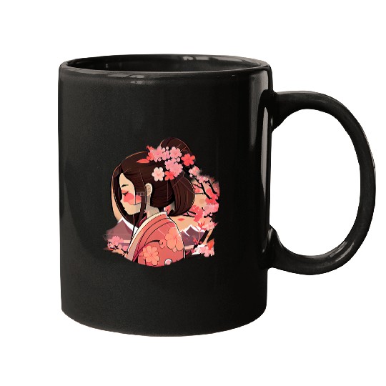 Japanese Geisha girl mountains with cherry blossom flowers Mugs