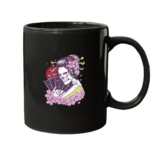 Japanese Geisha Girl Sakura Cherry Blossom Scary Skull Mugs