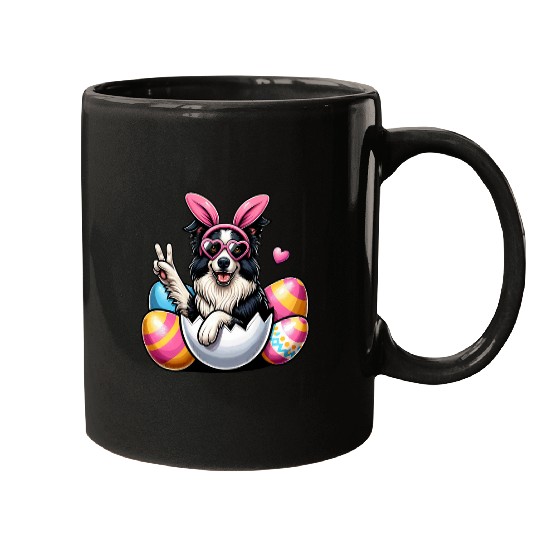 Peace Sign Hand Border Collie Bunny Kids Mens Womens Easter Mugs