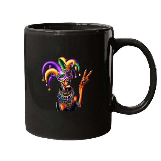 Peace Sign Hand Dog Mens Womens Mardi Gras Doberman Pinscher Mugs