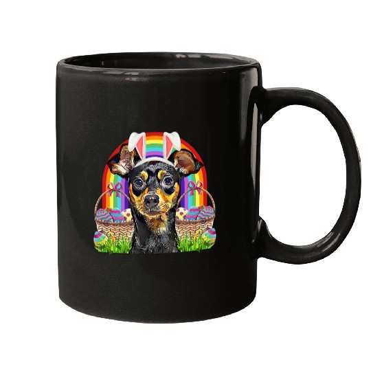 Miniature Pinscher Dog Easter Bunny Egg Hunt Mugs