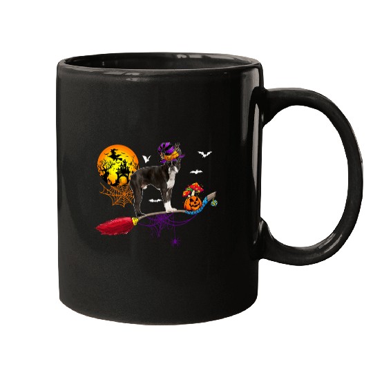 Halloween Boston Terrier Wearing Witchs Hat On Broomstick Mugs
