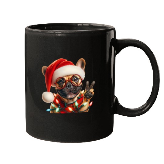 Peace Sign Hand French Bulldog Santa Christmas Dog Pajamas Mugs