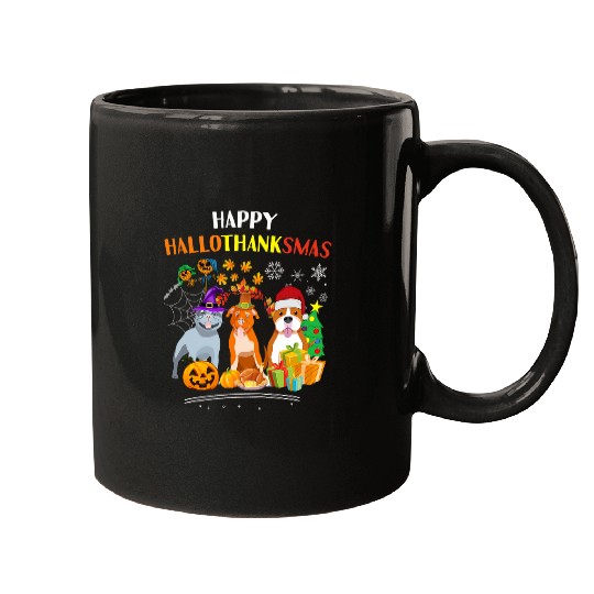 pitbull Dog Halloween merry christmas happy Hallothanksmas Mugs