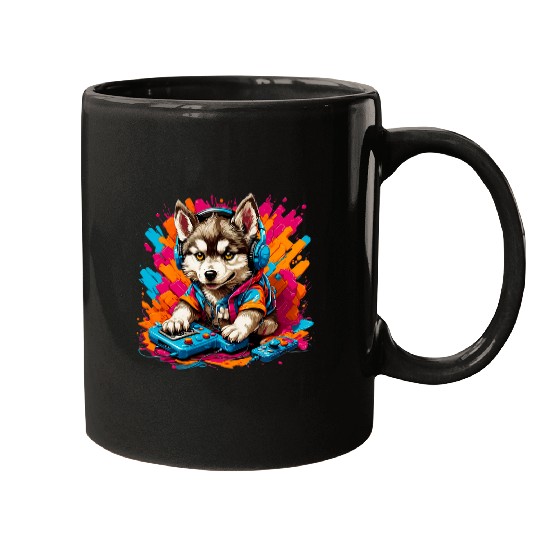 Retro Gaming Huskies Husky Puppy Gamer Graphic Tee Dog Love Mugs