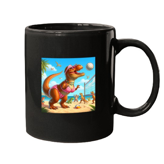TRexs Dinosaur wearing a Pink Bikini Playing Volleyball Trex Mugs