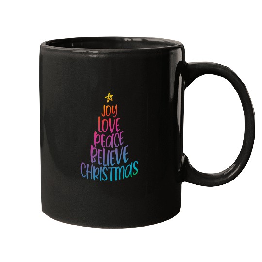 Joy Love Peace Believe Christmas Tree Word Art Christian Mugs