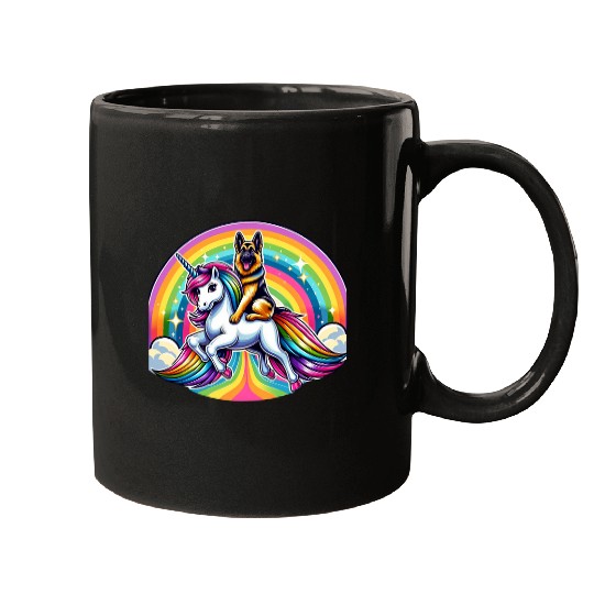 German Shepherd Riding Unicorns Rainbow Funny Dog Kids Mugs