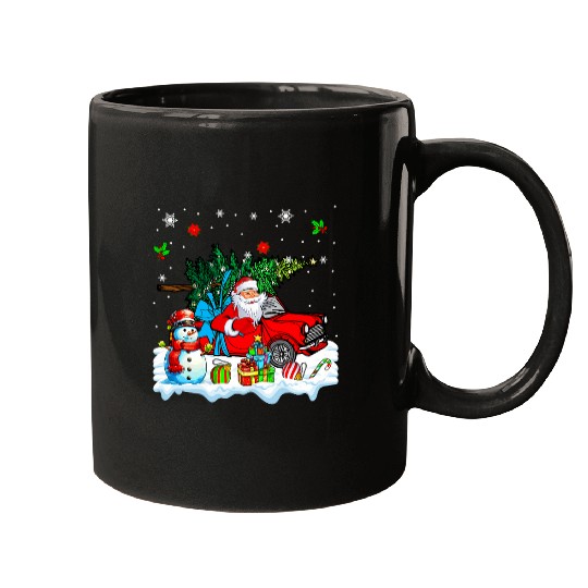 Santa Carrying Christmas Tree On Car Snowman Driver Mugs