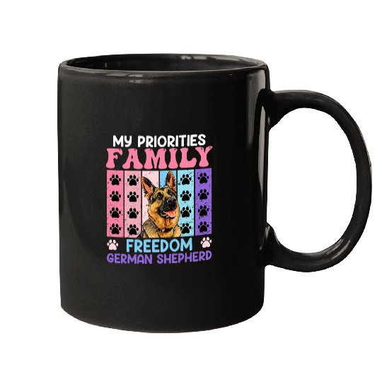 German Shepherd MY PRIORITIES FAMILY FREEDOM Women Mugs