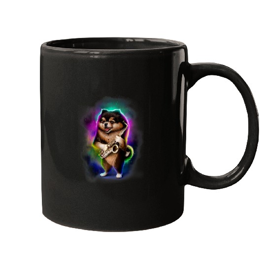 Pomeranian Dog Play Saxophone in Galaxy Rainbow Space 1 Mugs