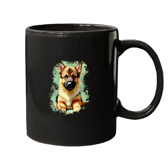 German Shepherd Puppy Dog Looks Like Watercolor Art Mugs