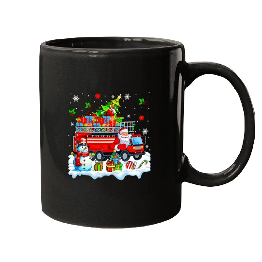 Santa Carrying Christmas Tree On Fires Truck Snowman Driver Mugs