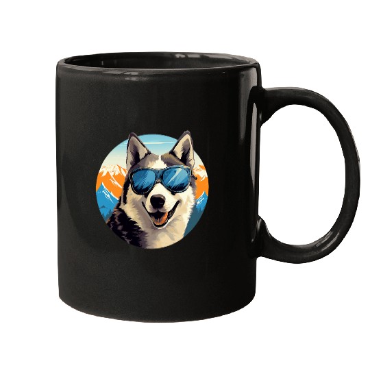 Siberian Husky Wearing Sunglasses Rocky Snowy Mountain Mugs