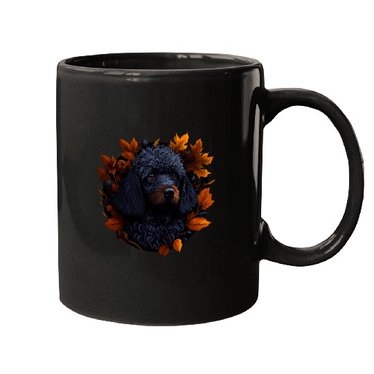 Poodle Dog in Autumn Fall Leaves Mugs
