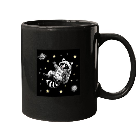 Raccoon Astronaut Floating in space Stars Planets Raccoon Mugs