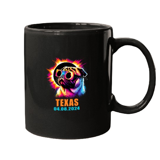 Texas Total Solar Eclipse 2024 Pug Dog With Glasses Mugs