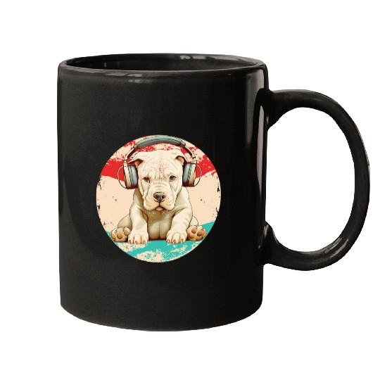 vintages Retro American Puppy Pitbull Dog Wearing Head Phones Mugs