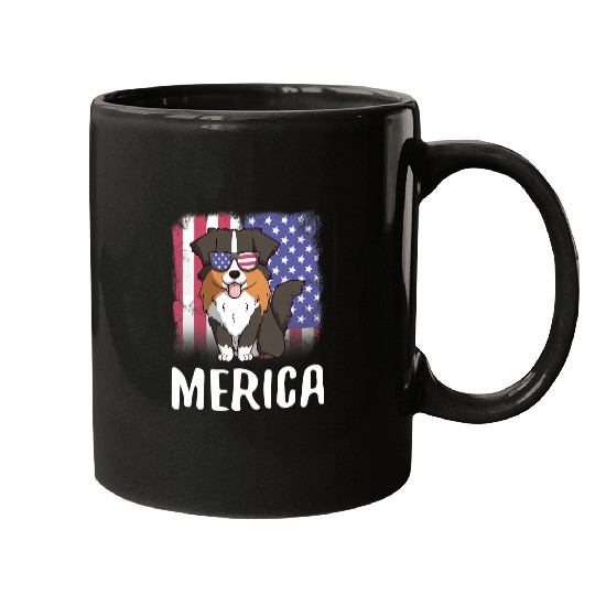 Merica Australian Shepherd Dog USA American Flag 4th of July Mugs