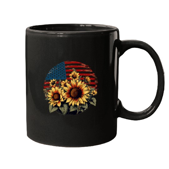 vintages Sunflower US American Flag Streetwear Patriotic Art 4 Mugs