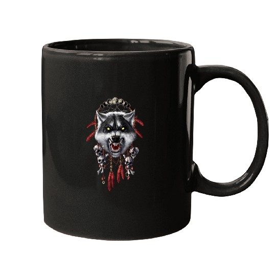 wolfs Dreamcatcher Full Moon Native American Feathers Mugs