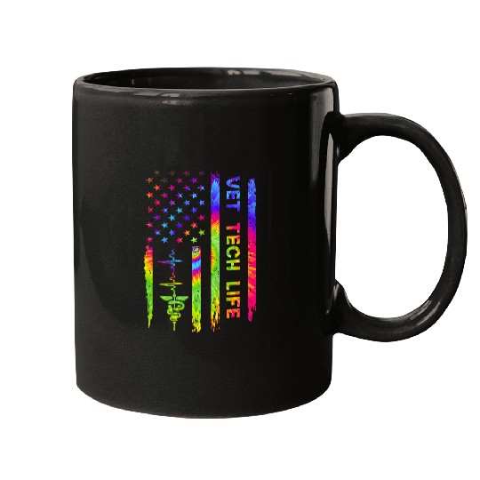 American USA Flag Vet Tech Veterinarian Tie Dye Rainbow Mugs