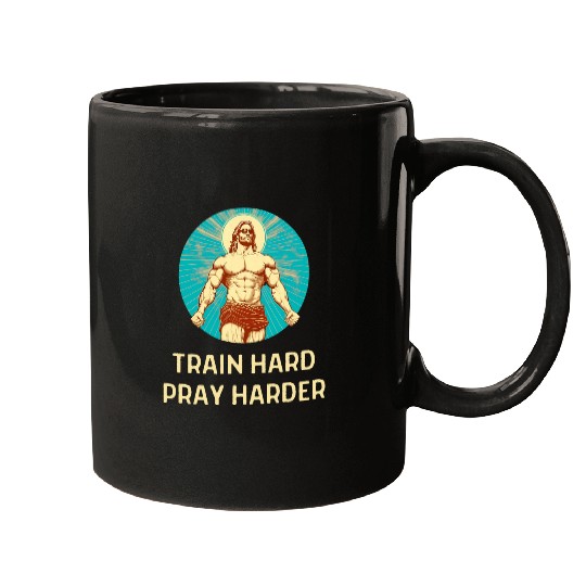 Train Hard Pray Harder Bodybuilding Jesus Fitness Funny Gym Mugs