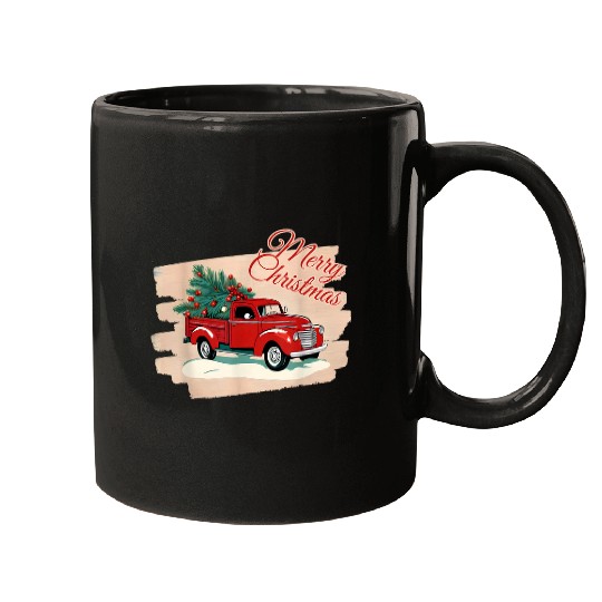 vintages Wagon Christmas Tree Red Retro Farmer Truck Vacation Mugs