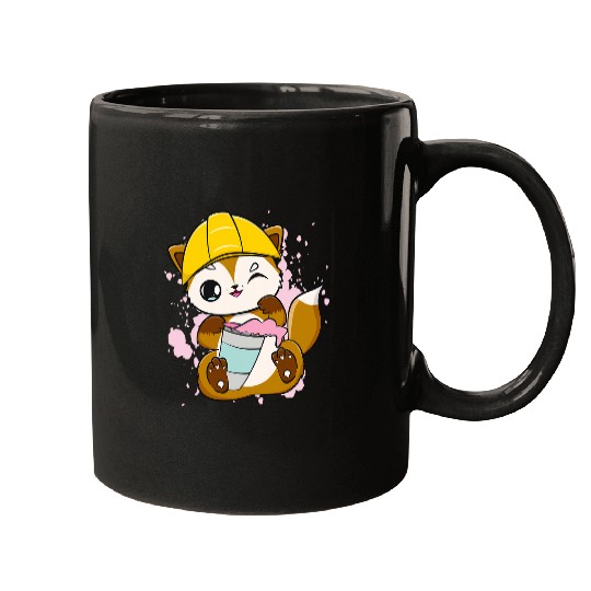 Construction Worker Fox Drinks Bubble Tea For Boba Tea Lover Mugs