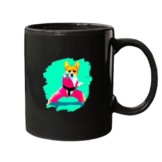 Corgi Doing Karate Kick Black Belt Martial Arts Dog 2 Mugs