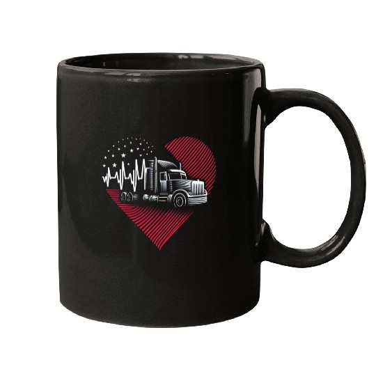 Heartbeat Truck Driver American Flag Semi Trailer Tractor Mugs
