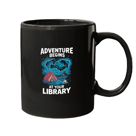 Adventure Begins At Your Library Book Lover Hiking Camping 2 Mugs