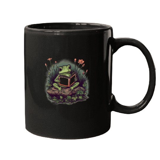 Aesthetic Cottagecore Frog reading book Mugs
