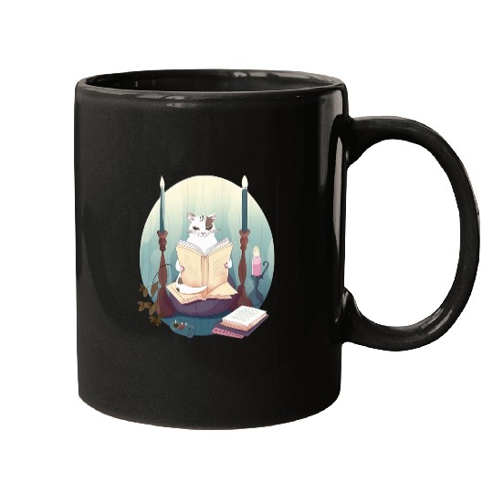 Cat Reading A Book in Cottagecore Aesthetic Mugs