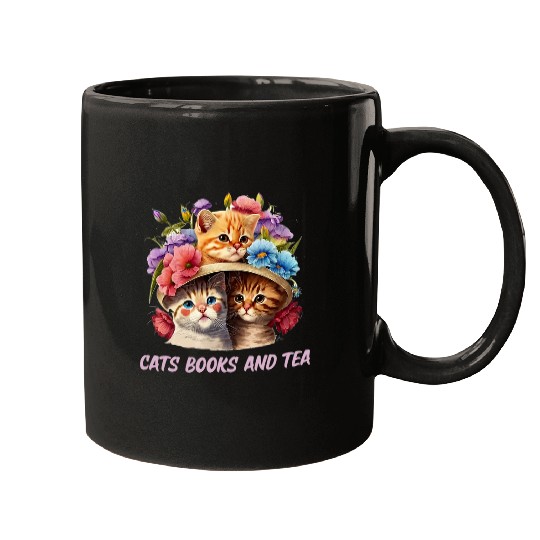 Cats Books and Tea Cat Mom Bookworm Cat Dad Book Lover Mugs