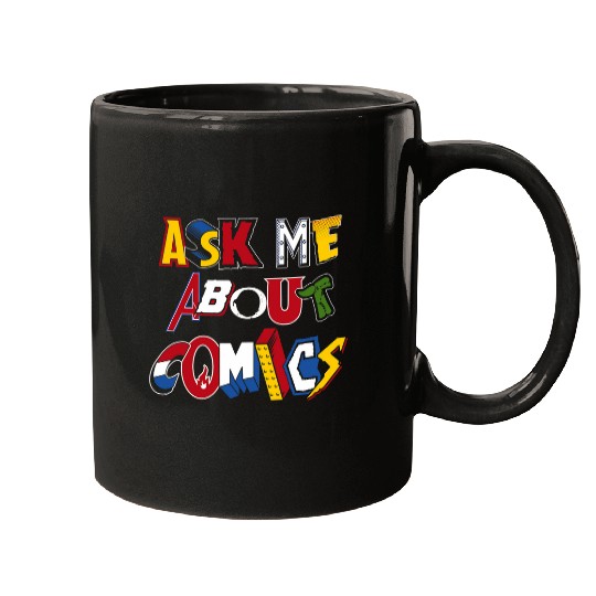 Ask Me About Comics vintages comic book logos funny quote Mugs