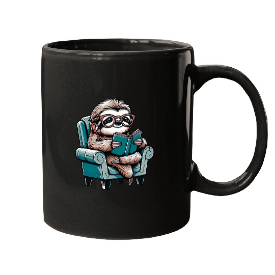 Funny and Cute Sloth Reading a Book Mugs