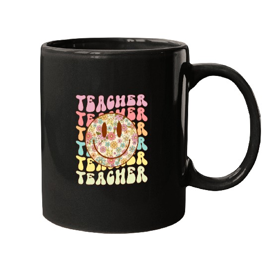 Groovy Retro Teacher Floral Smile Face Back To School Mugs