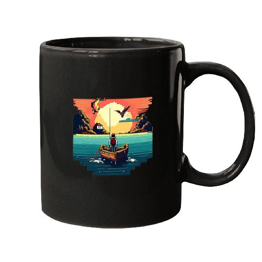 Im an angler with a boat and go fishing pixel art 4 Mugs