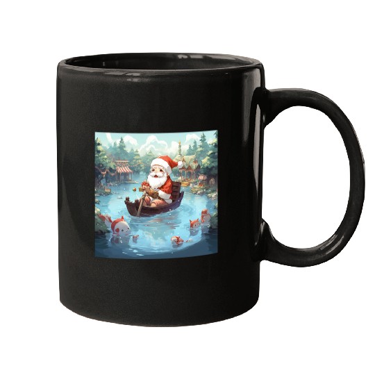 Cute Santa Claus Boat Holiday Japanese Pond Fat Koi Fish Mugs