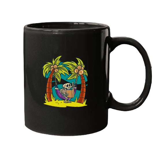 Skeletons Reading On Hammock Skull Palm Trees Coconuts Island Mugs