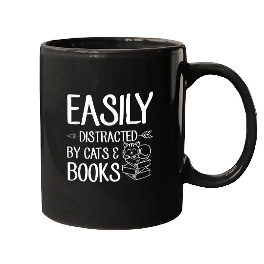 Easily Distracted by Cats and Books Cat And Book Lover 2 Mugs