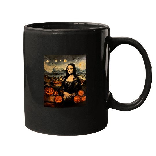 Funny Mona Lisa Pumpkin Halloween Starry Night Men Women Mugs