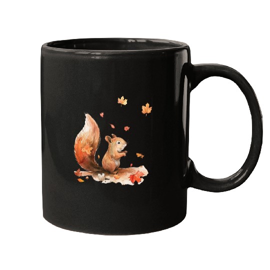 Autumn Squirrel with Falling Leaves Watercolor Illustration Mugs