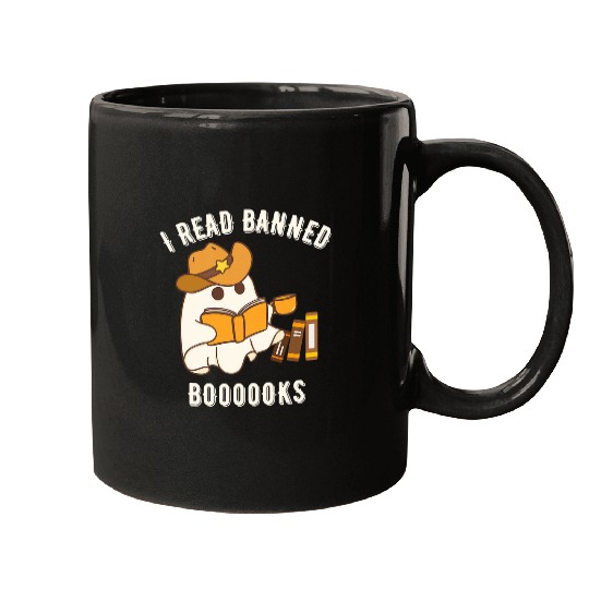 Boo Haw I read banned books Western Cowboy ghosts Halloween Mugs