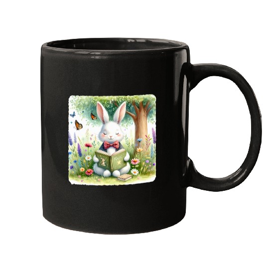 Rabbit In Bow Tie Reads Spell Book In Meadow Reading Mugs